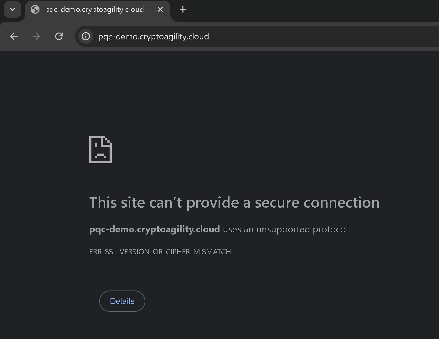 Example Chrome error: This site can't provide a secure connection (ERR_SSL_VERSION_OR_CIPHER_MISMATCH)